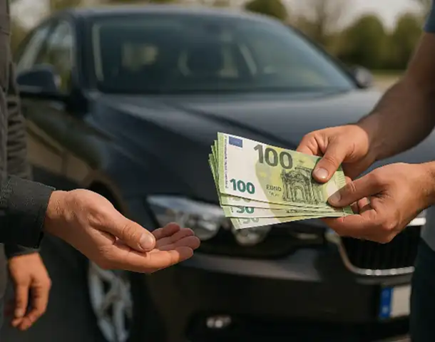 Ein glücklicher Kunde erhält Bargeld beim erfolgreichen Autoankauf in Bergisch Gladbach.